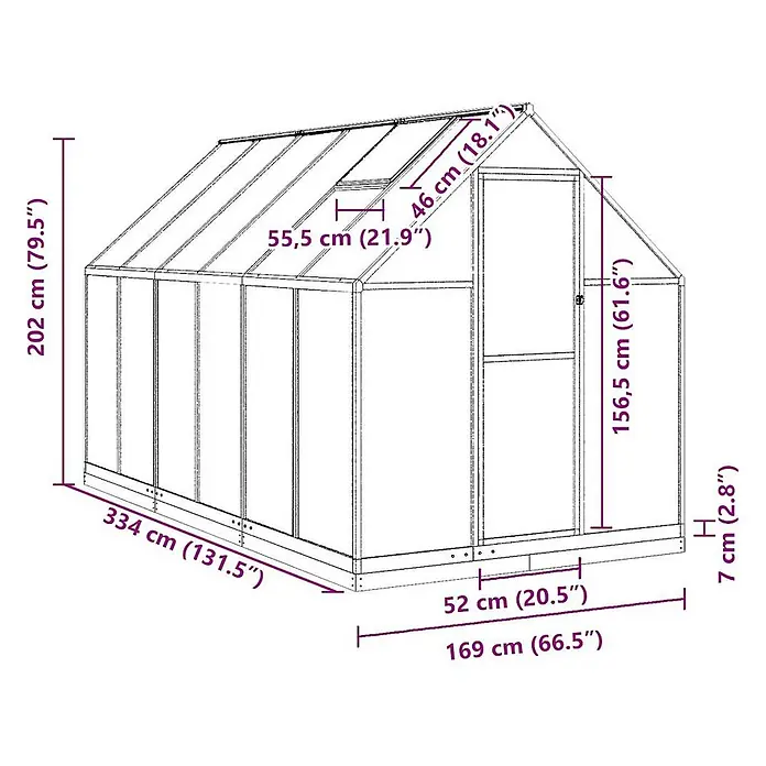 Furnicato Gewächshaus Polycarbonat Anthrazit - 169 x 334 cm, Material Seitenwand: Kunststoff, 38 mm, anthrazit - Schematische Zeichnung eines Gewächshauses mit Maßen, die Höhe, Breite und Tiefe in Zentimetern und Zoll hervorheben.
