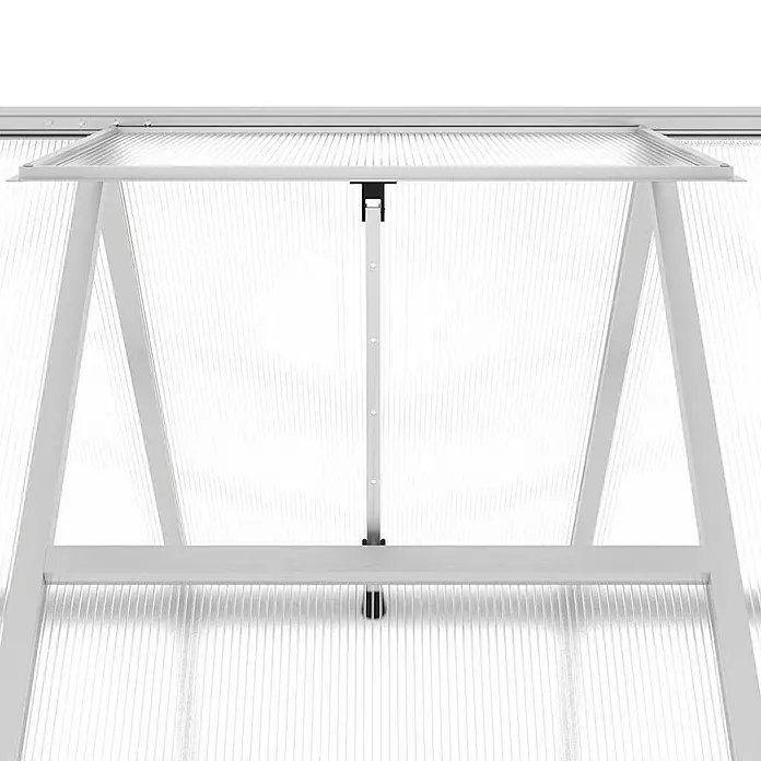 Furnicato Gewächshaus Polycarbonat - 169 x 334 cm, Material Seitenwand: Kunststoff, 38 mm, silbern - Weißer Aluminium-Gewächshausdachlüfter, zur Belüftung geöffnet, mit klaren Wellstegplatten und schwarzem Verstellmechanismus.