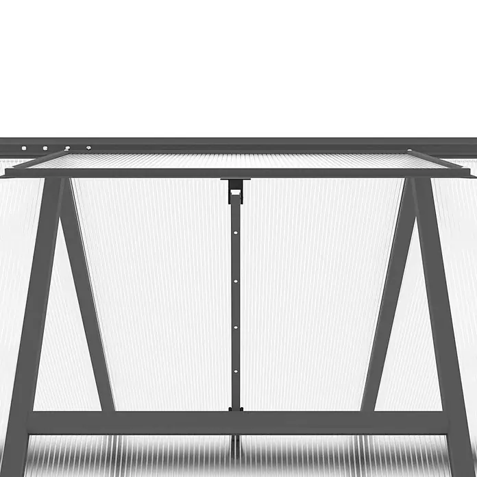 Furnicato Gewächshaus Polycarbonat Anthrazit - 169 x 334 cm, Material Seitenwand: Kunststoff, 38 mm, anthrazit - Geöffnetes Gewächshaus-Dachfenster mit grauem Metallrahmen und durchscheinenden Wellplatten zur Belüftung.