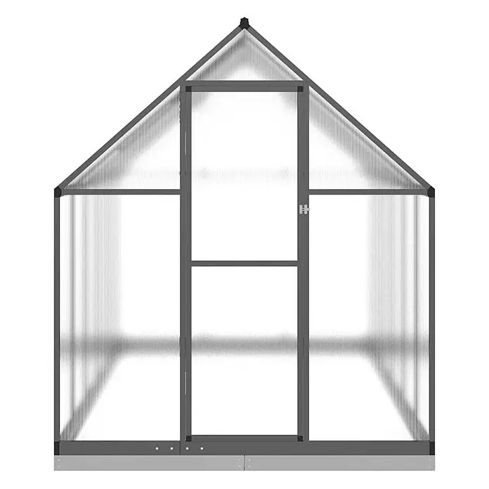 Furnicato Gewächshaus Polycarbonat Anthrazit - 169 x 334 cm, Material Seitenwand: Kunststoff, 38 mm, anthrazit - Ein grau gerahmtes Gewächshaus mit transparenten Wellplatten und einer zentralen Drehtür, ideal für den Garten.