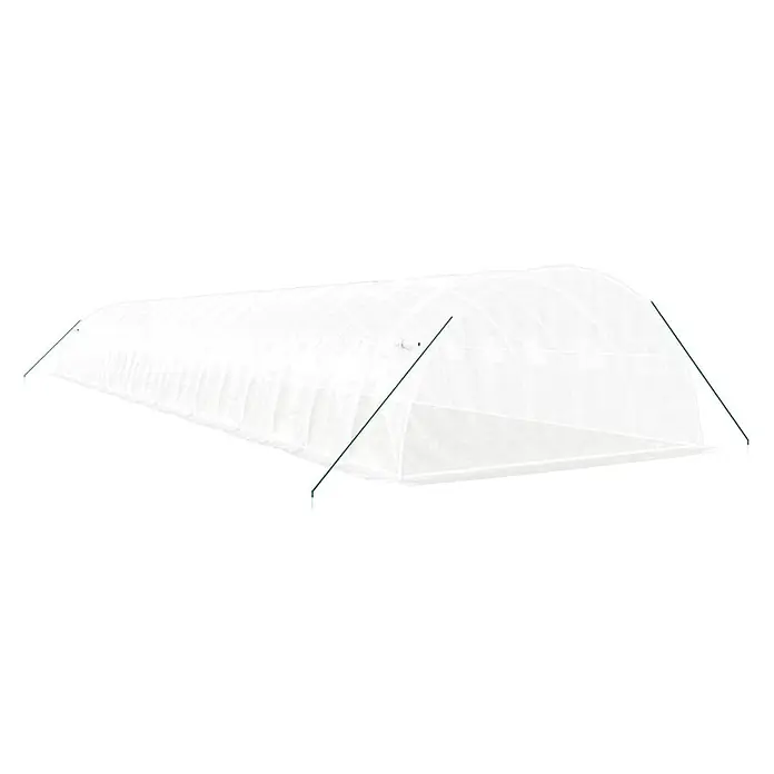 Furnicato Gewächshaus - Außenmaß inkl. Dachüberstand (B x T): 400 x 1.800 cm, Material Seitenwand: Kunststoff, 38 mm, Grau - Langes, weißes, durchscheinendes Folientunnel-Gewächshaus mit grünen Stützstangen.