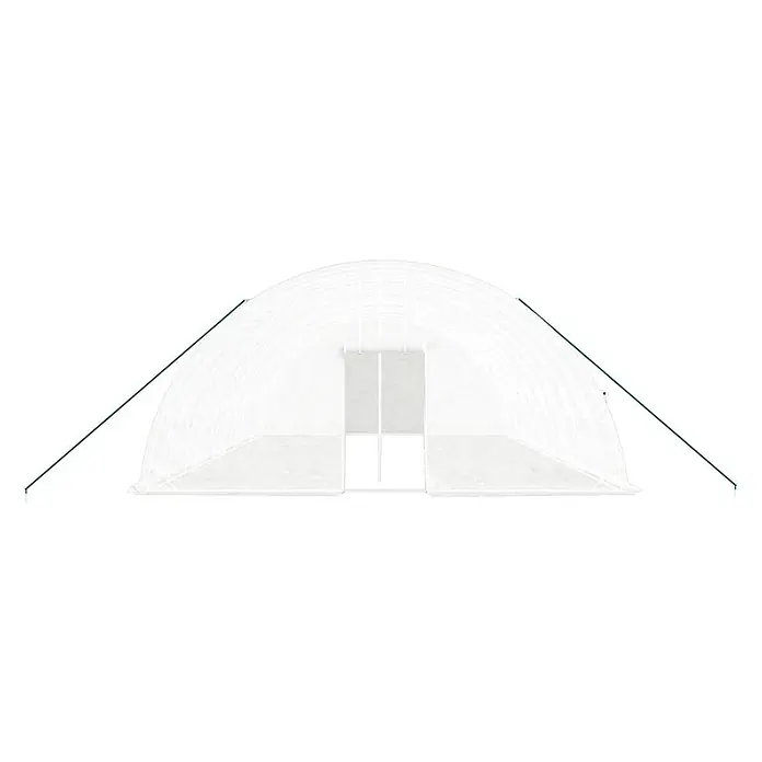 Furnicato Gewächshaus verzinkter Stahl - 10 x 6 cm, Material Seitenwand: Kunststoff, 38 mm, Grau - Weißes Tunnelgewächshaus mit durchscheinender Abdeckung und Doppeltüren vorne, mit grünen Seilen gesichert.