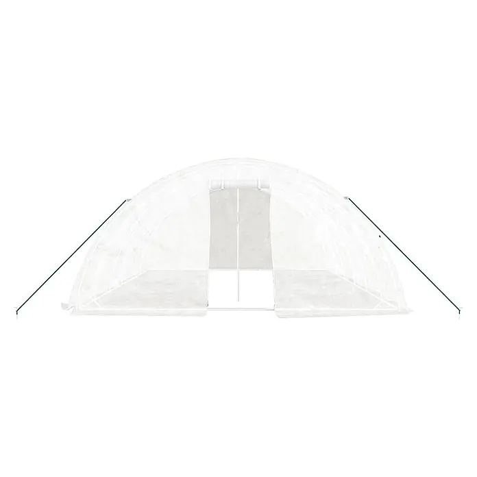 Furnicato Gewächshaus - Außenmaß inkl. Dachüberstand (B x T): 500 x 600 cm, Material Seitenwand: Kunststoff, 38 mm, Grau - Weißes, halbtransparentes Folientunnel-Gewächshaus mit grünen Abspannseilen.