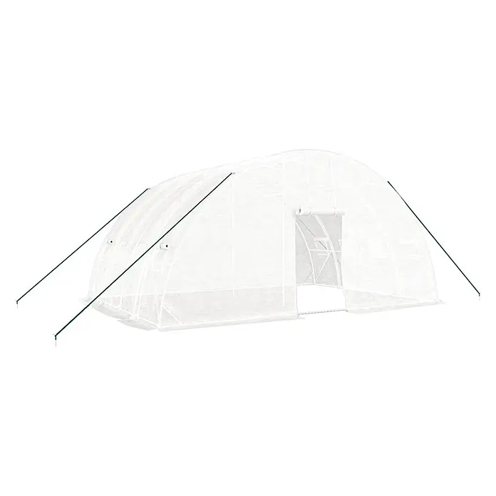 Furnicato Gewächshaus verzinkter Stahl - 6 x 4 cm, Material Seitenwand: Kunststoff, 38 mm, Grau - Durchscheinender weißer Gewächshaustunnel mit grünen Abspannseilen.