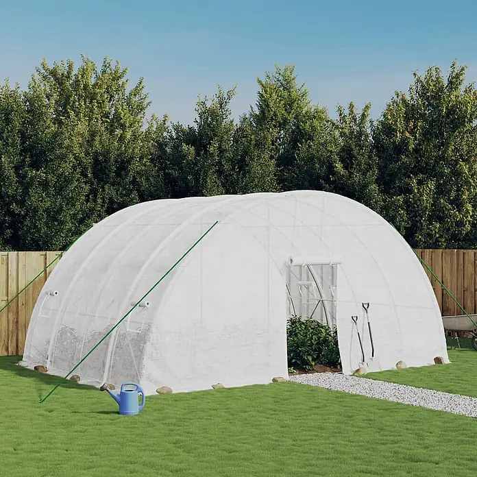 Furnicato Gewächshaus verzinkter Stahl - 6 x 4 cm, Material Seitenwand: Kunststoff, 38 mm, Grau - Großes, weißes Tunnelgewächshaus im Garten, mit geöffneter Tür, die Pflanzen im Inneren zeigt.