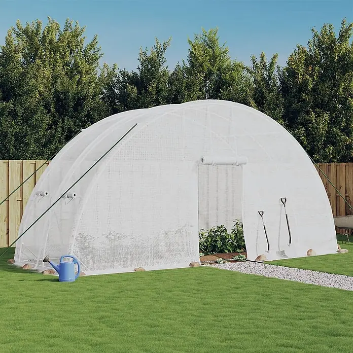 Furnicato Gewächshaus verzinkter Stahl - 6 x 2 cm, Material Seitenwand: Kunststoff, 38 mm, Grau - Weißes Tunneltreibhaus zum Schutz von Pflanzen im Garten, mit aufgerolltem Eingang und Gartengeräten.