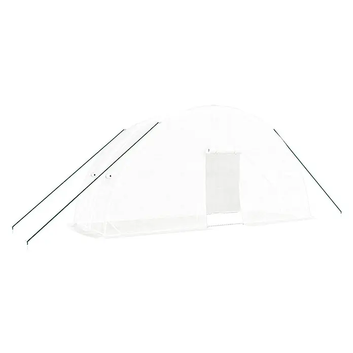 Furnicato Gewächshaus verzinkter Stahl - 6 x 2 cm, Material Seitenwand: Kunststoff, 38 mm, Grau - Weißes, halbtransparentes Tunnelgewächshaus mit grünen Abspannseilen und Vordereingang.