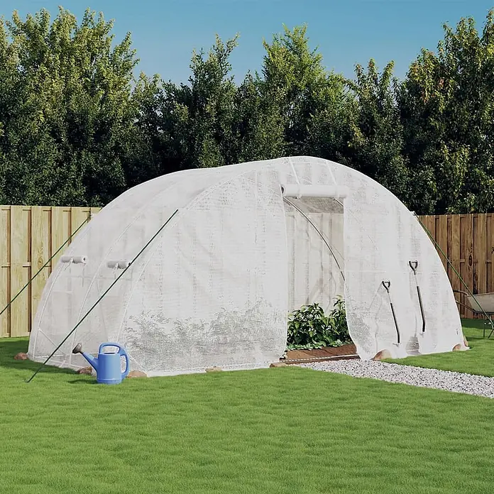 Furnicato Gewächshaus verzinkter Stahl - 5 x 2 cm, Material Seitenwand: Kunststoff, 38 mm, Grau - Weißes lichtdurchlässiges Tunnelgewächshaus im Garten, mit Pflanzen und Gartengeräten.
