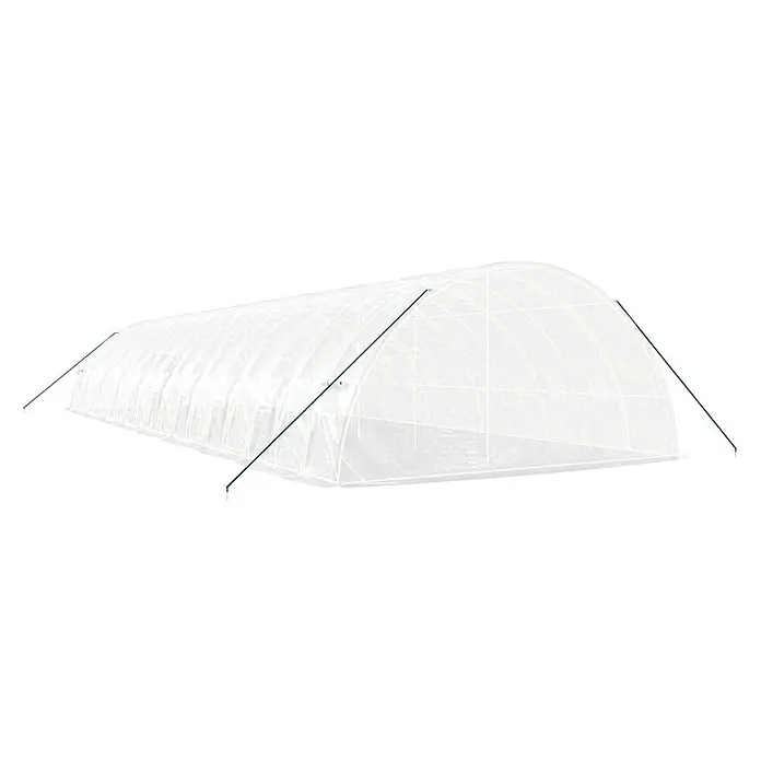 Furnicato Gewächshaus verzinkter Stahl - 18 x 6 cm, Material Seitenwand: Kunststoff, 38 mm, Grau - Langes, weißes, transluzentes Gewächshaustunnel mit grünen Abspannseilen.