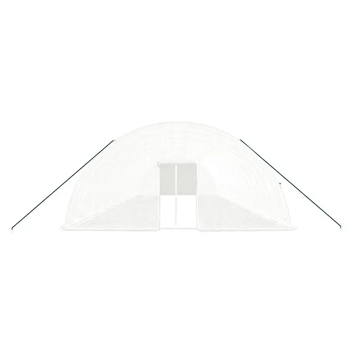 Furnicato Gewächshaus verzinkter Stahl - 18 x 6 cm, Material Seitenwand: Kunststoff, 38 mm, Grau - Weißes Folientunnel-Gewächshaus mit gewölbtem Dach, Doppeltüren und grünen Abspannseilen.