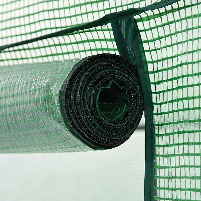 Furnicato Gewächshaus - 200 x 80 cm, Material Seitenwand: Kunststoff, 38 mm, grün - Aufgerollte transparente Gewächshausabdeckung mit grünem Gittermuster und dunkelgrünem Reißverschluss.