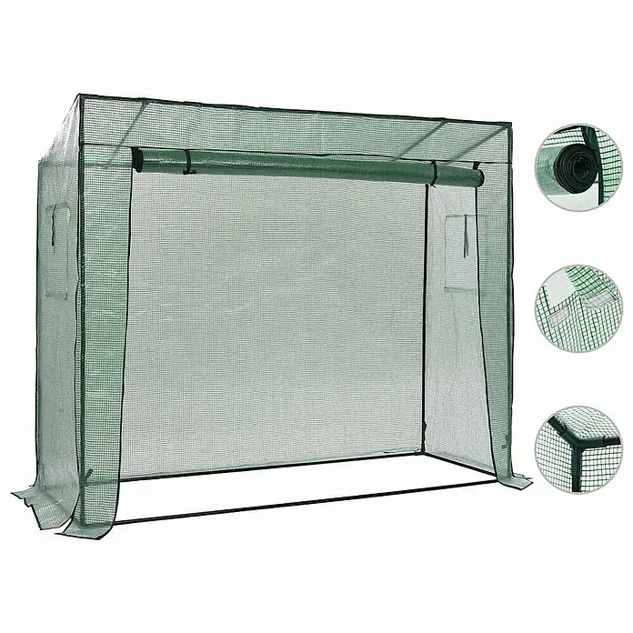 Furnicato Gewächshaus - 200 x 80 cm, Material Seitenwand: Kunststoff, 38 mm, grün - Grünes tragbares Gewächshaus mit Netzabdeckung und schwarzem Metallrahmen, mit aufrollbarer Vordertür.