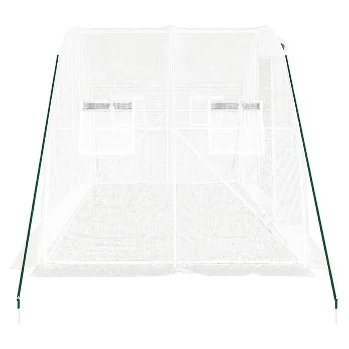 Furnicato Gewächshaus verzinkter Stahl - 4 x 2 cm, Material Seitenwand: Kunststoff, 38 mm, Grau - Weißes Netz-Pflanzenschutzzelt mit grünen Stangen und Fensteröffnungen.