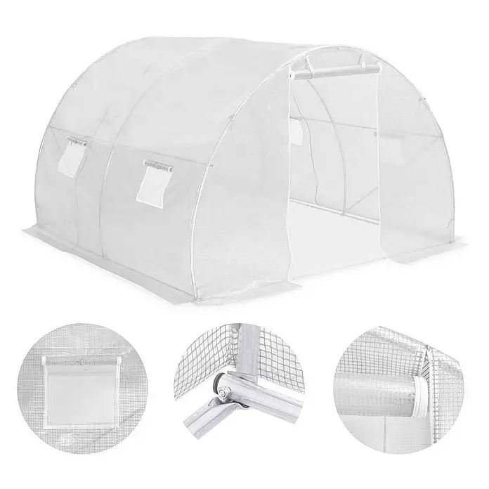 Furnicato Gewächshaus - 3 x 300 cm, Material Seitenwand: Kunststoff, 38 mm, silber - Transparentes weißes Tunnelgewächshaus mit Metallrahmen, aufrollbaren Fenstern und Reißverschluss-Eingang.