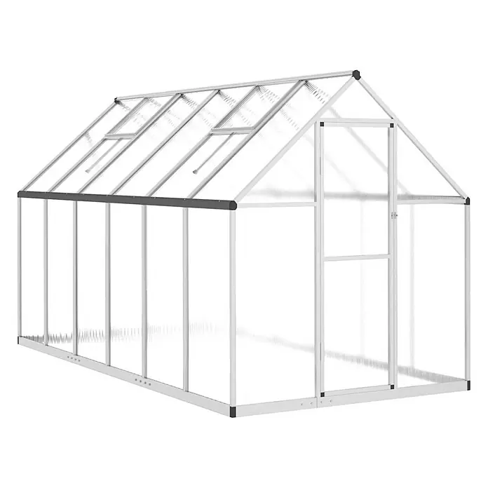 Furnicato Gewächshaus Polycarbonat - 169 x 334 cm, Material Seitenwand: Kunststoff, 38 mm, silbern - Silbernes Aluminium-Gewächshaus mit transparenten Paneelen, Dachlüftungen und Schiebetür.