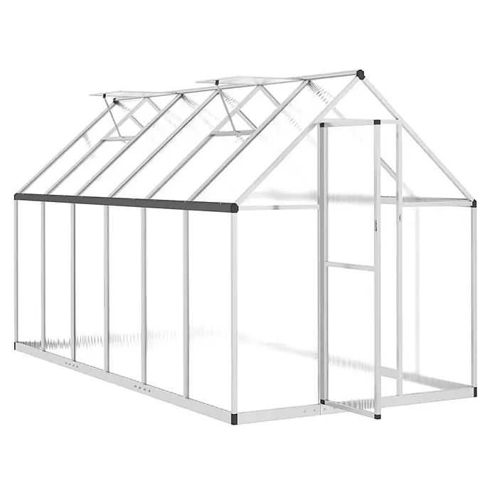 Furnicato Gewächshaus Polycarbonat - 169 x 334 cm, Material Seitenwand: Kunststoff, 38 mm, silbern - Gewächshaus aus silbernem Aluminium mit transparenten Platten, Satteldach mit offenen Lüftungsfenstern und offener Tür.