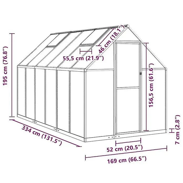 Furnicato Gewächshaus Polycarbonat - 169 x 334 cm, Material Seitenwand: Kunststoff, 38 mm, silbern - Metallrahmen-Gewächshaus mit transparenten Paneelen, 334 cm L x 169 cm B x 195 cm H.