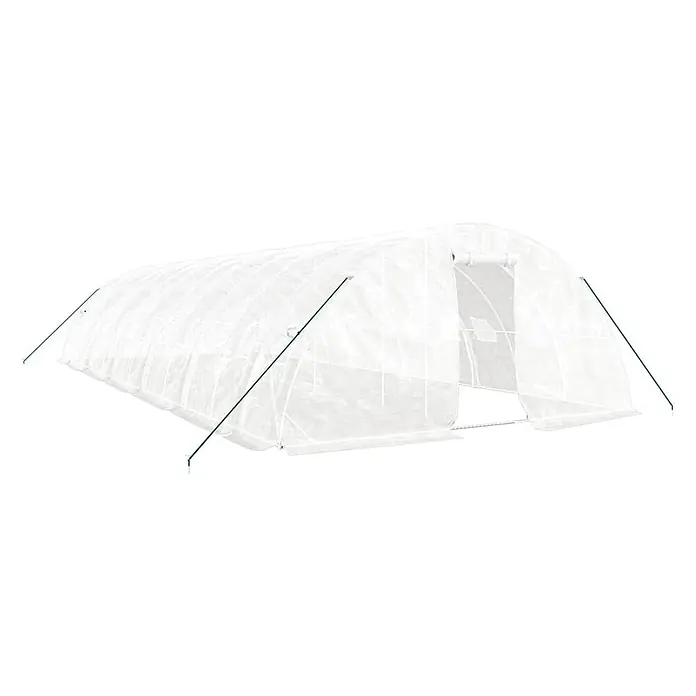 Furnicato Gewächshaus - Außenmaß inkl. Dachüberstand (B x T): 500 x 1.200 cm, Material Seitenwand: Kunststoff, 38 mm, Grau - Weißes lichtdurchlässiges Folien-Gewächshaus mit grünen Stützstangen.