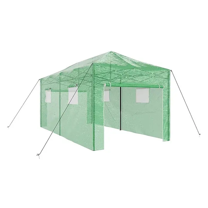 Furnicato Gewächshaus - Außenmaß inkl. Dachüberstand (B x T): 580 x 290 cm, Material Seitenwand: Kunststoff, 38 mm, Grün - Grünes, tragbares Tunnelgewächshaus mit durchscheinender Abdeckung, aufrollbaren Fenstern und Abspannseilen zur Pflanzenzucht.