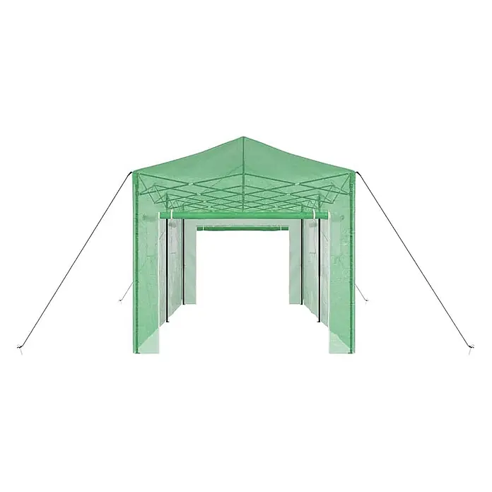 Furnicato Gewächshaus - Außenmaß inkl. Dachüberstand (B x T): 580 x 290 cm, Material Seitenwand: Kunststoff, 38 mm, Grün - Grünes, transluzentes Pop-up-Pavillon aus Stoff mit sichtbarem Metallrahmen und Abspannseilen.
