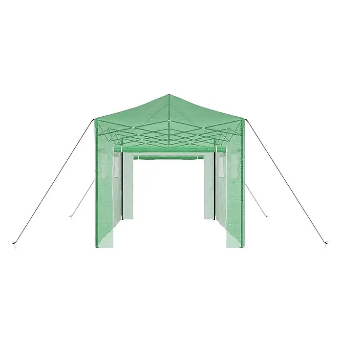 Furnicato Gewächshaus - Außenmaß inkl. Dachüberstand (B x T): 410 x 280 cm, Material Seitenwand: Kunststoff, 38 mm, Grün - Grünes Pop-Up-Zelt mit klappbarem Rahmen und offenem Durchgang, mit Abspannseilen gesichert.