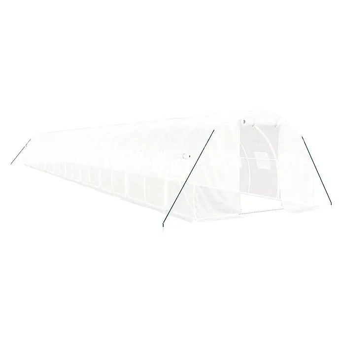 Furnicato Gewächshaus - 20 x 3 cm, Material Seitenwand: Kunststoff, 38 mm, Grau - Langes, weißes Tunnelgewächshaus mit lichtdurchlässiger Abdeckung und grünen Stützstangen.