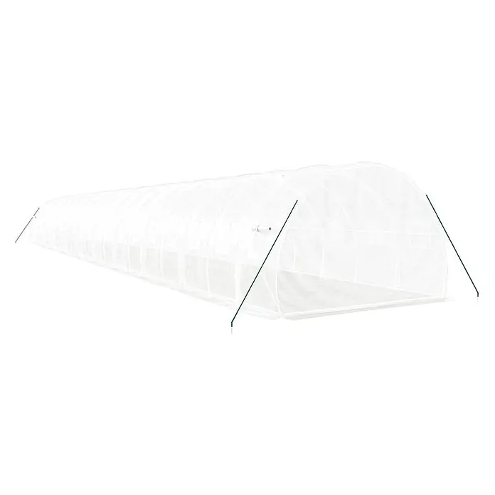 Furnicato Gewächshaus - 20 x 3 cm, Material Seitenwand: Kunststoff, 38 mm, Grau - Langes, weißes Tunnelgewächshaus mit durchscheinender Abdeckung und grünen Stützstangen.