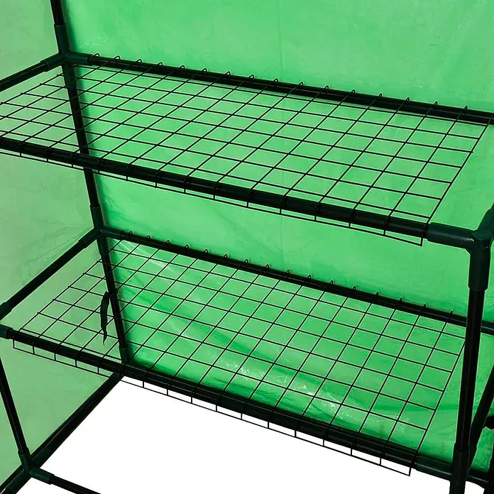 Furnicato Gewächshaus - 120 x 80 cm, Material Seitenwand: Kunststoff, 38 mm, Grau - Zweistöckiges tragbares Gewächshaus mit schwarzen Gitterablagen und einer durchsichtigen grünen Abdeckung.