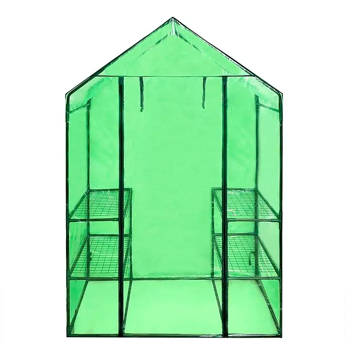 Furnicato Gewächshaus - 120 x 80 cm, Material Seitenwand: Kunststoff, 38 mm, Grau - Grünes, transluzentes tragbares Gewächshaus mit dunklem Gestell und zwei Drahtregalen für Pflanzen.