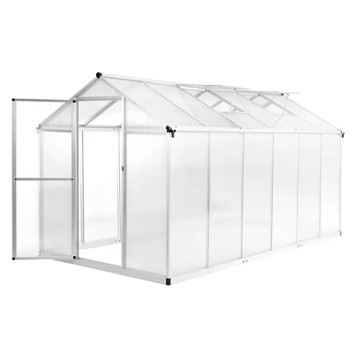Furnicato Gewächshaus aus Polycarbonat, 362 x 190 x 195 cm -  - Weißes Aluminium-Gewächshaus mit durchsichtigen Polycarbonatplatten und geöffneter Tür.
