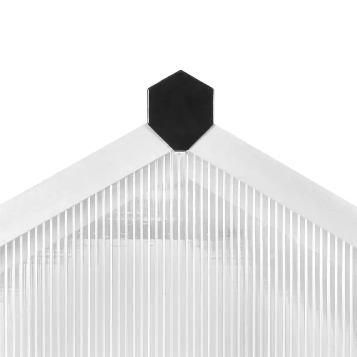 Furnicato Gewächshaus aus Polycarbonat, 362 x 190 x 195 cm -  - Schwarzer sechseckiger Verbinder für weiße Gewächshausrahmen über transparenten Rippenplatten.