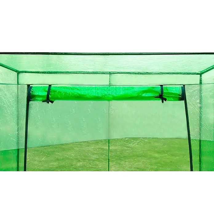 Furnicato Gewächshaus - 170 x 80 cm, Material Seitenwand: Kunststoff, 38 mm, grün - Innenansicht eines grünen, durchsichtigen Gewächshauses mit hochgerollter Klappe, die mit schwarzen Bändern befestigt ist.