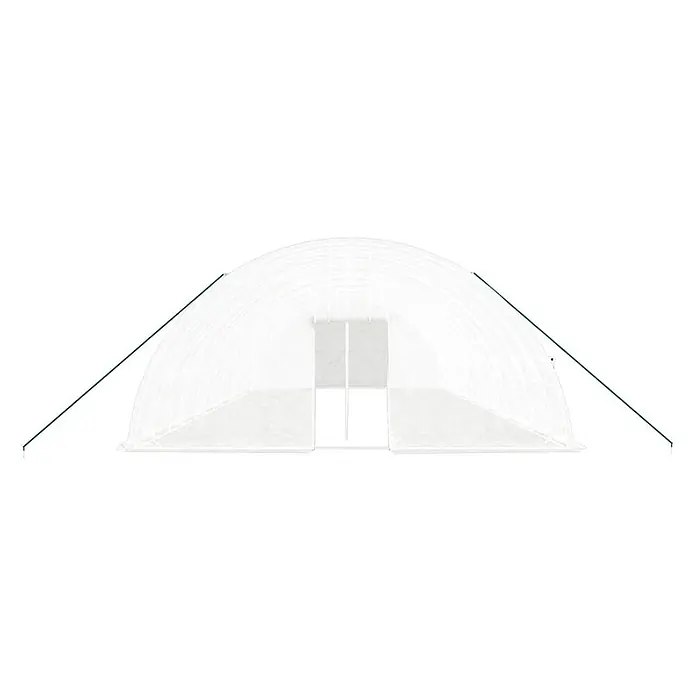 Furnicato Gewächshaus verzinkter Stahl - 14 x 6 cm, Material Seitenwand: Kunststoff, 38 mm, Grau - Weißes Tunnelgewächshaus mit semitransparenter Abdeckung, Doppeltür und zwei grünen Abspannseilen zur Stabilisierung.