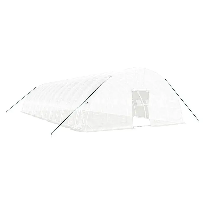 Furnicato Gewächshaus verzinkter Stahl - 14 x 6 cm, Material Seitenwand: Kunststoff, 38 mm, Grau - Weißes, lichtdurchlässiges Folientunnel-Gewächshaus mit grünen Abspannseilen und einer Rolltür.