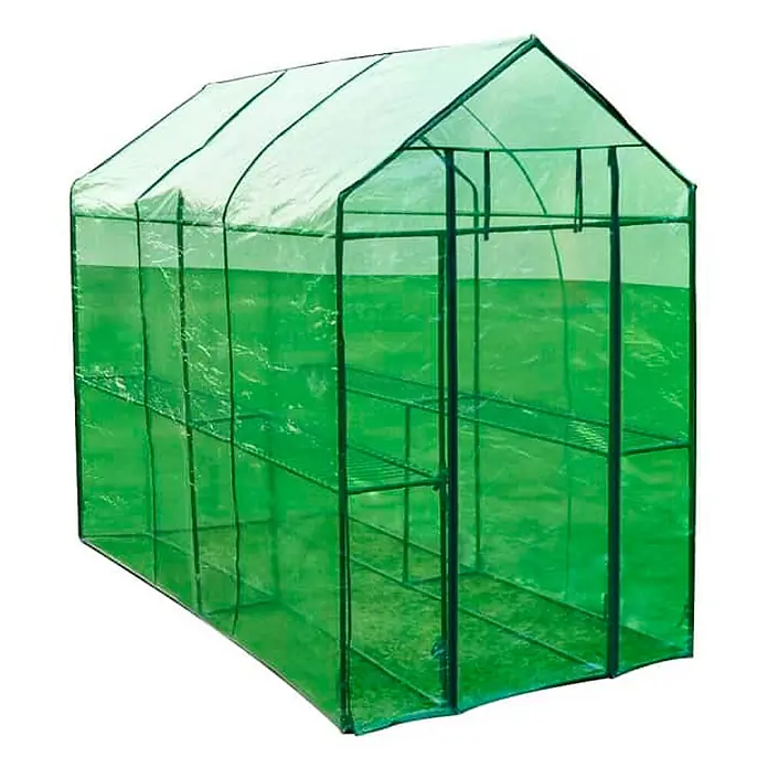 Furnicato Gewächshaus - Außenmaß inkl. Dachüberstand (B x T): 240 x 120 cm, Material Seitenwand: Kunststoff, 38 mm, grün - Grünes, durchscheinendes Kunststoff-Gewächshaus mit Metallrahmen und Innenregalen.
