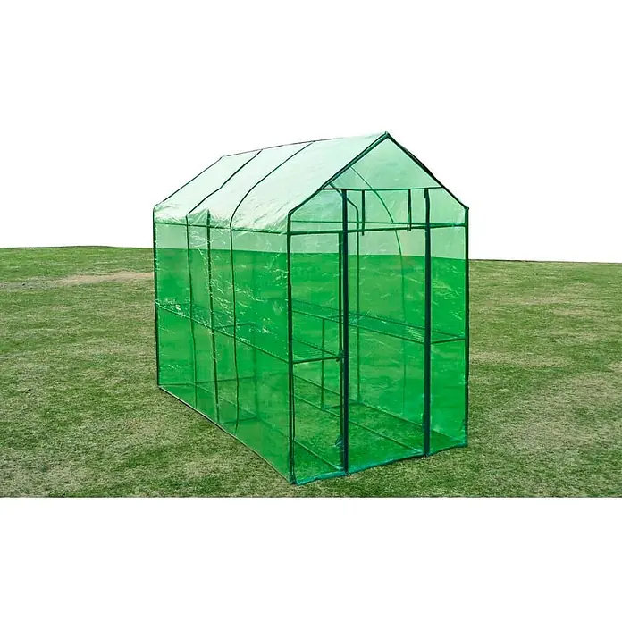Furnicato Gewächshaus - Außenmaß inkl. Dachüberstand (B x T): 240 x 120 cm, Material Seitenwand: Kunststoff, 38 mm, grün - Transparentes grünes begehbares Gewächshaus mit Satteldach und Innenregalen.