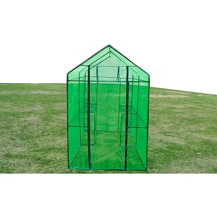 Furnicato Gewächshaus - Außenmaß inkl. Dachüberstand (B x T): 240 x 120 cm, Material Seitenwand: Kunststoff, 38 mm, grün - Grünes begehbares Gewächshaus mit zwei Regalsätzen für Pflanzen.