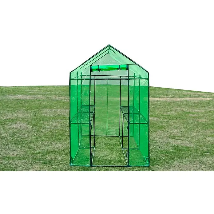 Furnicato Gewächshaus - Außenmaß inkl. Dachüberstand (B x T): 240 x 120 cm, Material Seitenwand: Kunststoff, 38 mm, grün - Ein grünes, durchscheinendes begehbares Gewächshaus mit Metallrahmen und mehreren Regalen im Inneren.