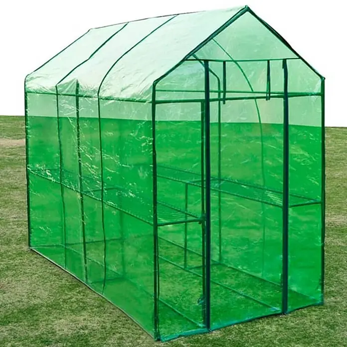 Furnicato Gewächshaus - Außenmaß inkl. Dachüberstand (B x T): 240 x 120 cm, Material Seitenwand: Kunststoff, 38 mm, grün - Grünes, tragbares begehbares Gewächshaus mit transparenter Abdeckung und Regalen.