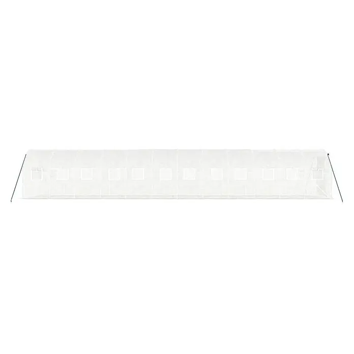 Furnicato Gewächshaus verzinkter Stahl - 12 x 2 cm, Material Seitenwand: Kunststoff, 38 mm, Grau - Langes, weißes Folien-Gewächshaus mit mehreren rechteckigen Fenstern und grünen Stützstangen, zur Pflanzenzucht.