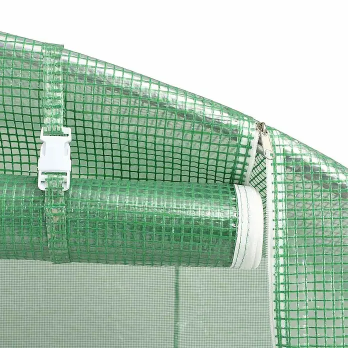 Furnicato Gewächshaus verzinkter Stahl - 16 x 6 cm, Material Seitenwand: Kunststoff, 38 mm, Grau - Grüne, gitterverstärkte Gewächshaustür, aufgerollt und mit weißer Schnalle befestigt, neben einem geöffneten Reißverschluss.