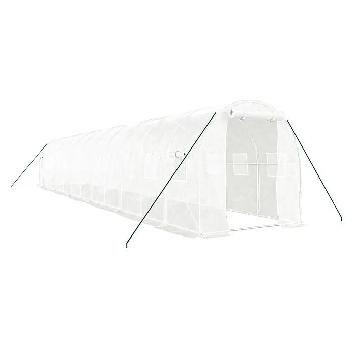 Furnicato Gewächshaus verzinkter Stahl - 12 x 2 cm, Material Seitenwand: Kunststoff, 38 mm, Grau - Weißer transparenter Gewächshaustunnel mit grünen Spannseilen für den Pflanzenanbau.
