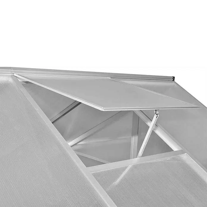 Furnicato Gewächshaus - 2,5 x 2,5 cm, Material Seitenwand: Kunststoff, 38 mm, Grau - Geöffnetes silbernes Aluminium-Gewächshausdachfenster mit durchscheinenden Paneelen.