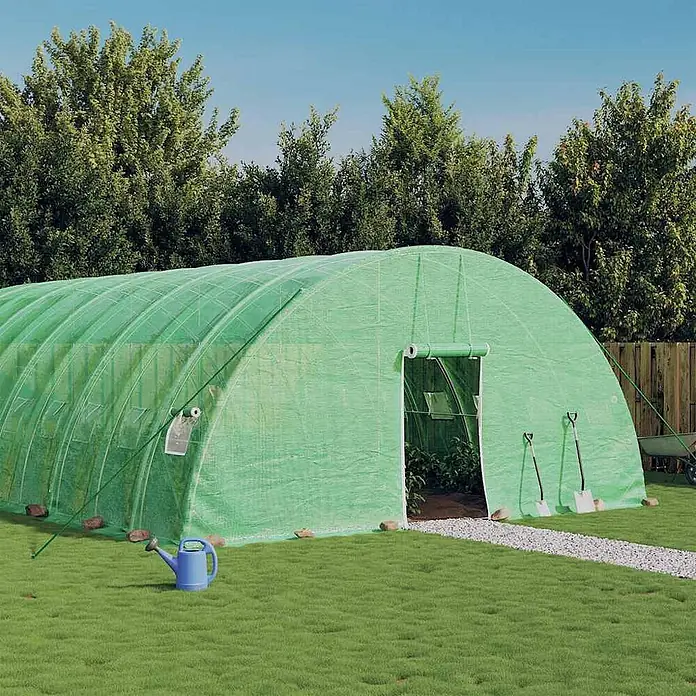 Furnicato Gewächshaus verzinkter Stahl - 16 x 6 cm, Material Seitenwand: Kunststoff, 38 mm, Grau - Grüner gewölbter Gewächshaustunnel im Garten, ideal für Pflanzenanbau. Mit offenem Eingang und Gartengeräten.