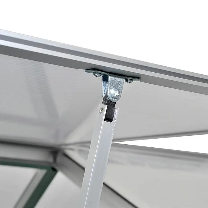 Furnicato Gewächshaus - 2,5 x 2,5 cm, Material Seitenwand: Kunststoff, 38 mm, Grau - Silberner Metall-Deckelöffner mit Scharnier und Stützarm, an Aluminiumrahmen und lichtdurchlässiger Platte befestigt.