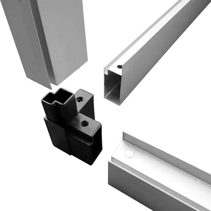 Furnicato Gewächshaus - 2,5 x 2,5 cm, Material Seitenwand: Kunststoff, 38 mm, Grau - Verschiedene silberne Aluminiumprofile und ein schwarzer Mehrwege-Kunststoffverbinder für modulare Rahmensysteme.