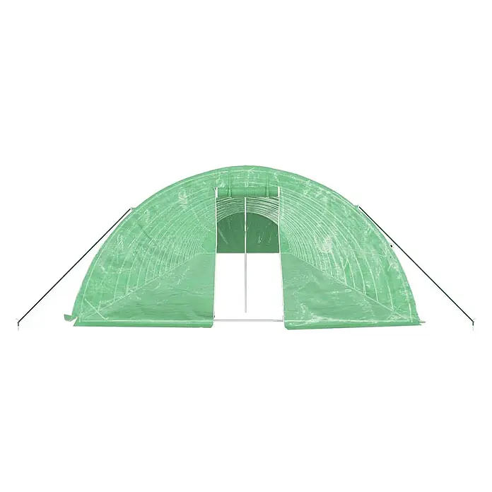 Furnicato Gewächshaus - 20 x 5 cm, Material Seitenwand: Kunststoff, 38 mm, Grau - Grünes, bogenförmiges Folientreibhaus mit geöffneten Türen, das die Innenstruktur und Seitenabspannseile zeigt.