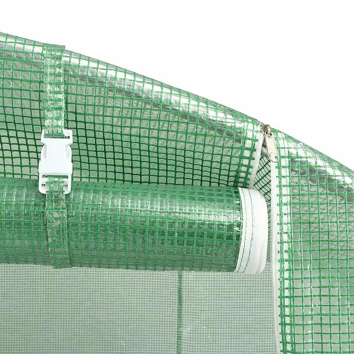 Furnicato Gewächshaus - 3 x 300 cm, Material Seitenwand: Kunststoff, 38 mm, Grau - Grüne gerasterte Kunststoff-Gewächshausabdeckung, hochgerollt und mit weißer Schnalle gesichert, neben einem Reißverschluss.