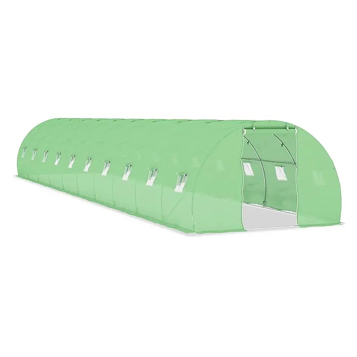 Furnicato Gewächshaus - 3 x 300 cm, Material Seitenwand: Kunststoff, 38 mm, Grau - Hellgrüner gewölbter Gewächshaustunnel mit mehreren aufrollbaren Seitenfenstern und offenem Eingang.