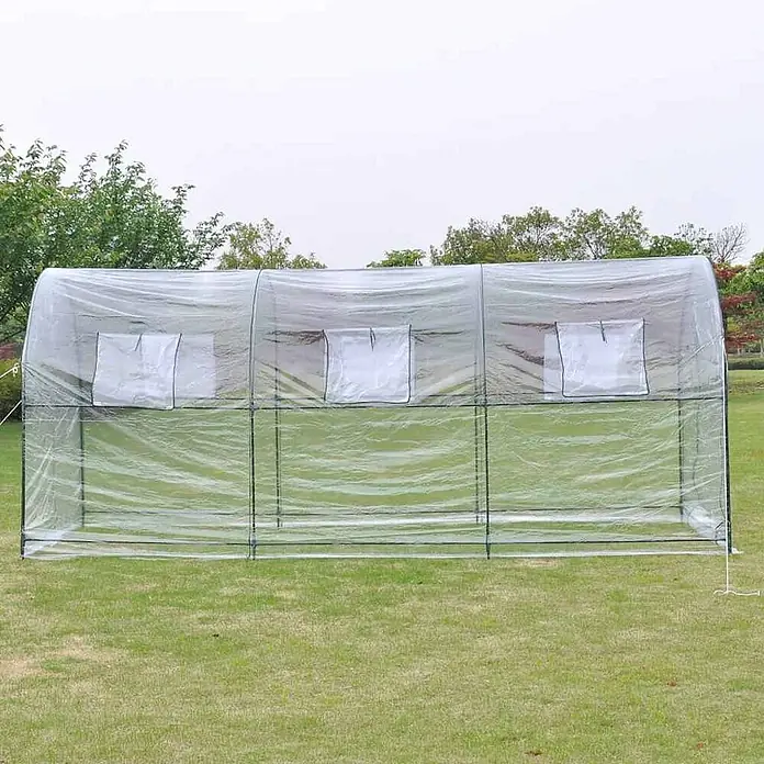 Furnicato Gewächshaus - 190 x 190 cm, Material Seitenwand: Kunststoff, 38 mm, grün - Transparentes Foliengewächshaus mit aufrollbaren Fenstern und Metallrahmen, draußen auf Rasen.